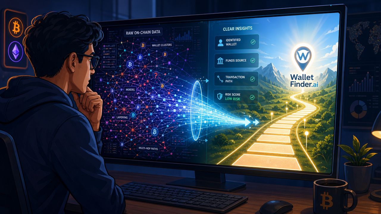 A person analyzing complex blockchain transaction data on a computer screen for a crypto platform.