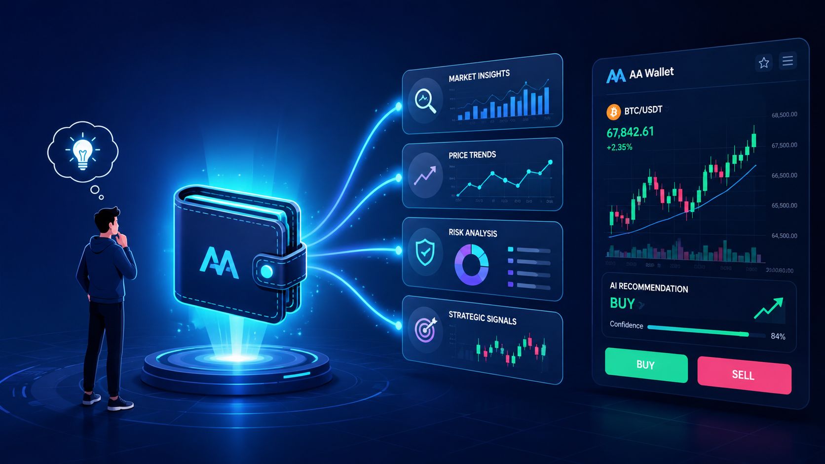 A digital illustration showing a person analyzing an AI-powered account abstraction wallet dashboard with market insight metrics.