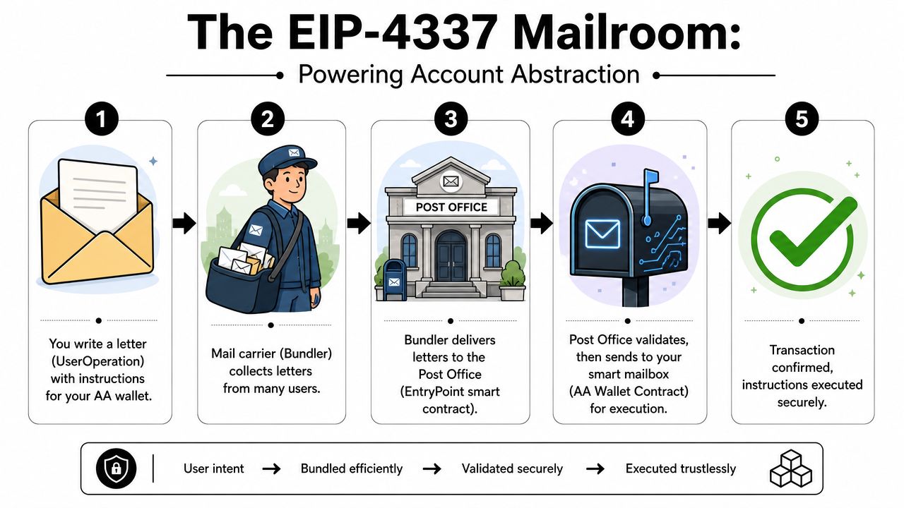 An educational infographic explaining the EIP-4337 account abstraction process using a five-step mailroom analogy.