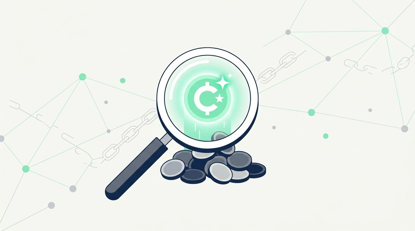 A magnifying glass focusing on a stack of digital coins with a glowing crypto currency symbol.