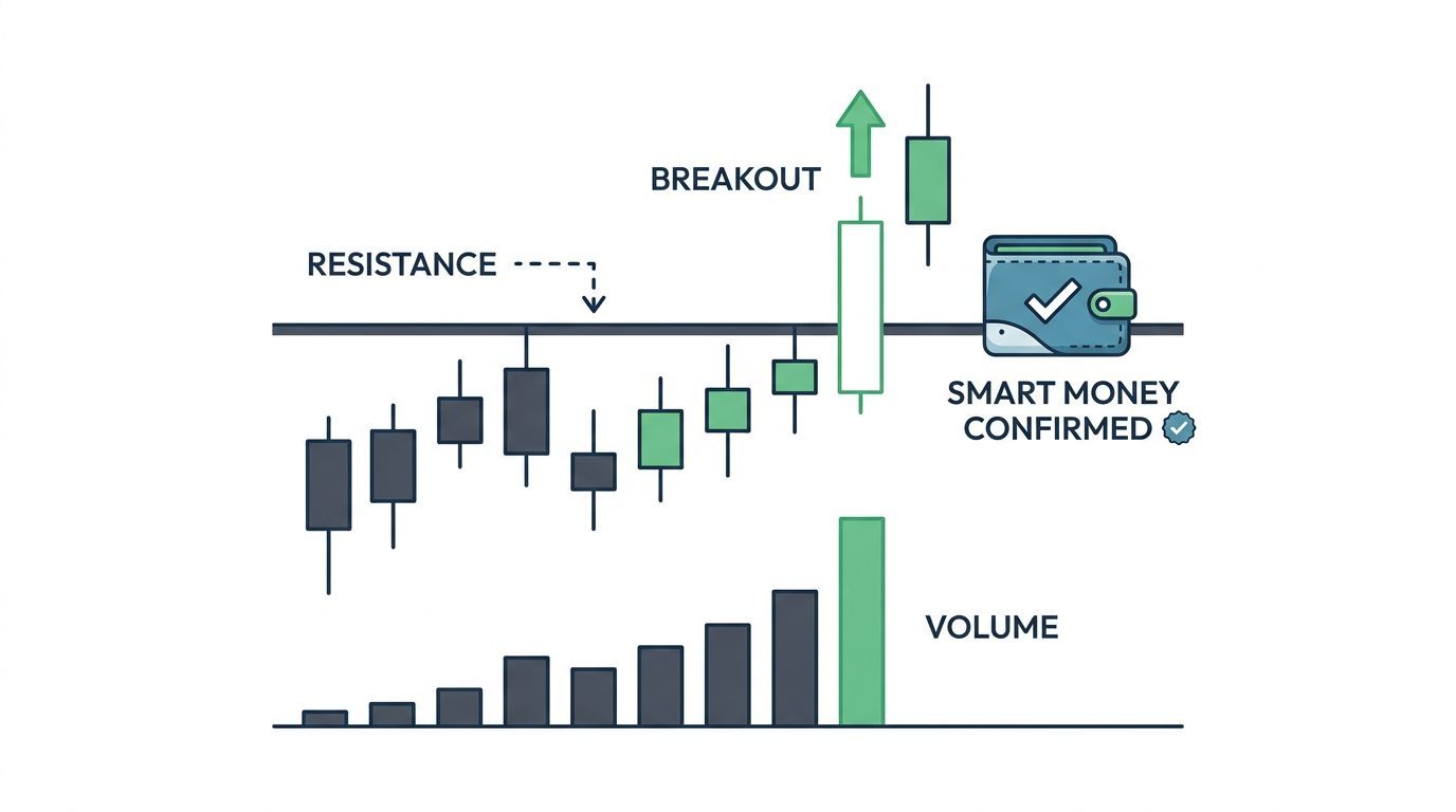 A trading chart illustration showing a price breakout above resistance level supported by increasing volume trends.