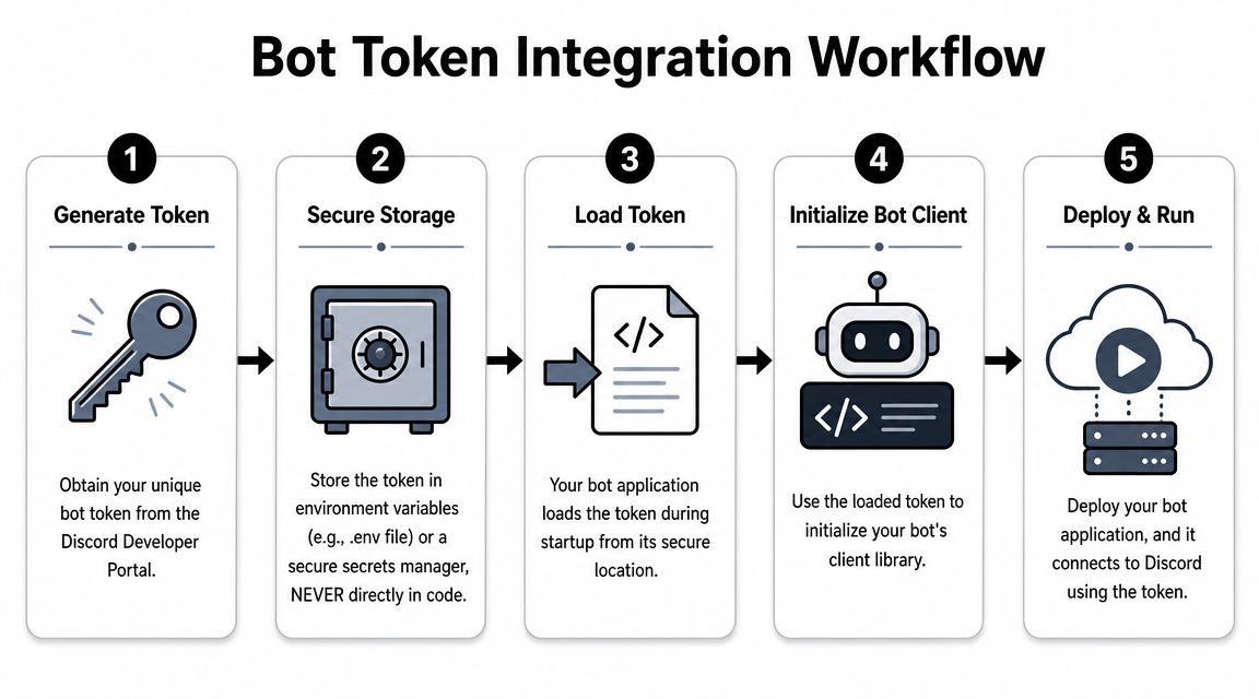 A five-step flowchart illustrating the secure workflow for integrating and using a Discord bot token.