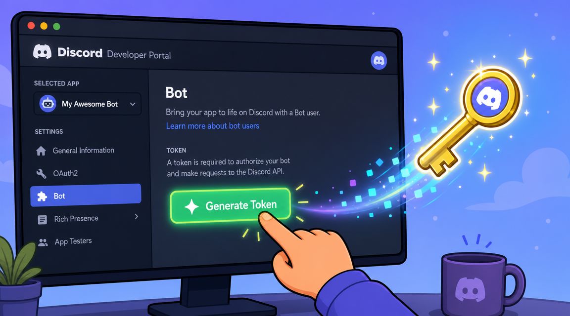 A hand clicks a button on the Discord Developer Portal to generate a new bot token.