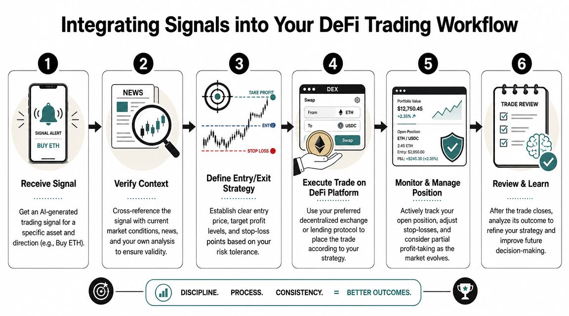 A flowchart infographic detailing a six-step workflow for integrating AI crypto trading signals into DeFi strategies.
