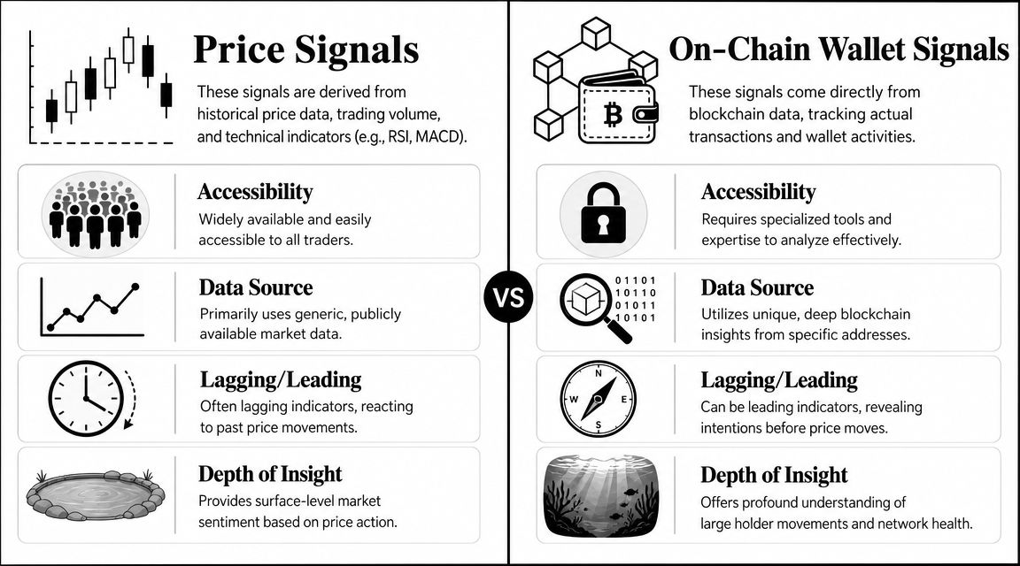 A comparison chart showing the differences between price signals and on-chain wallet signals for crypto trading.