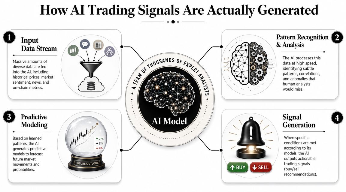 An infographic diagram explaining the four-step process of how AI trading signals are generated for financial markets.