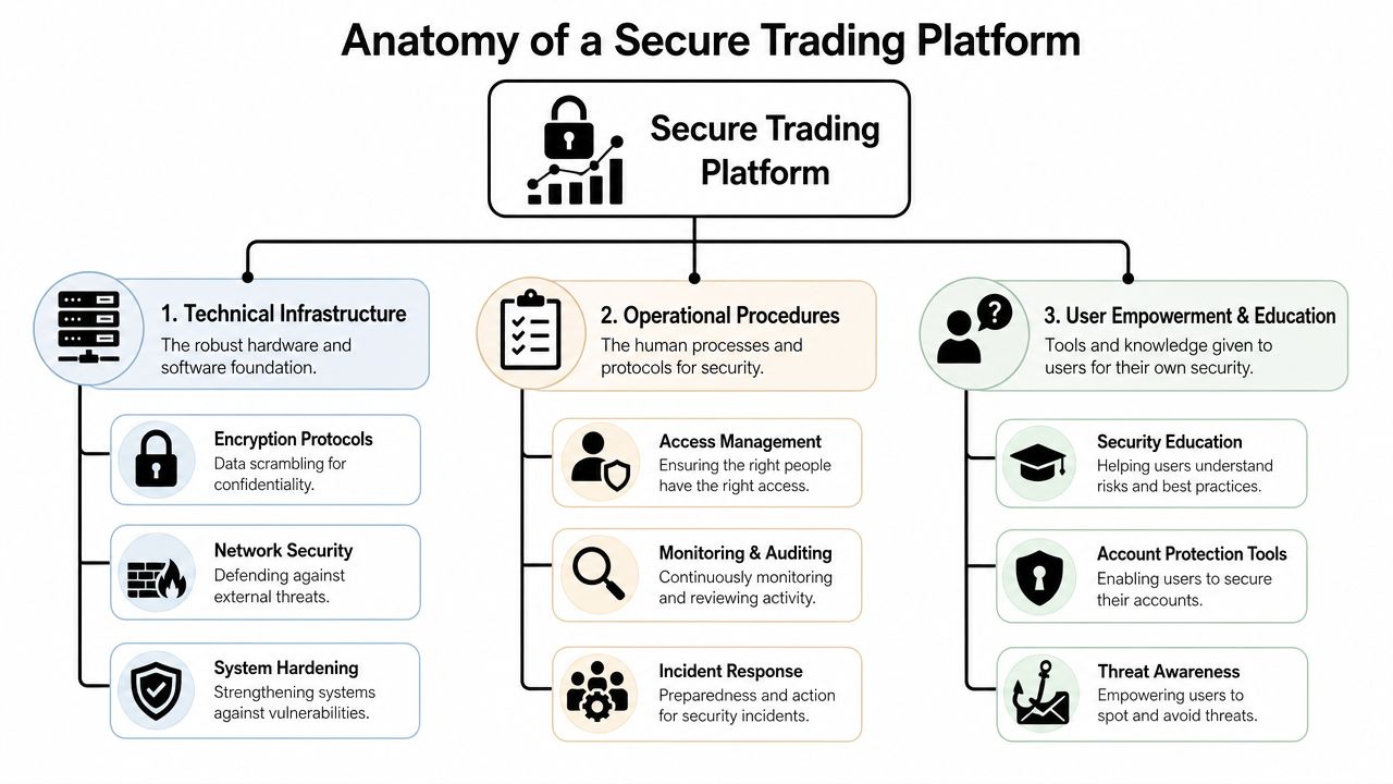 A diagram illustrating the three core pillars of a secure trading platform: infrastructure, procedures, and user education.