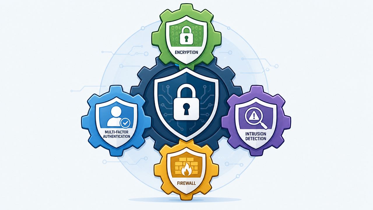 A digital illustration showing four interconnected gears representing essential cybersecurity measures like encryption and authentication.