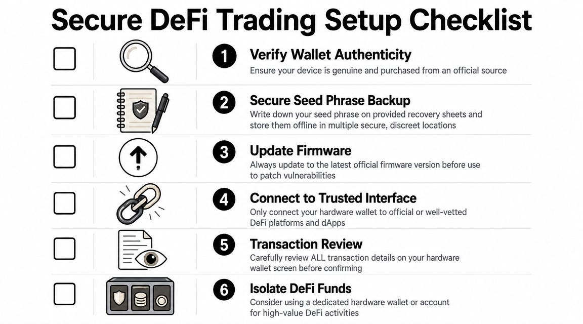 A six-step checklist titled Secure DeFi Trading Setup for protecting cryptocurrency hardware wallets and digital assets.