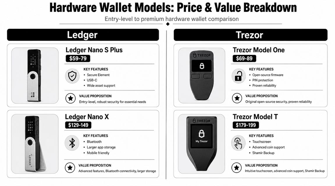 A comparison chart showing features and price ranges for various Ledger and Trezor hardware cryptocurrency wallets.
