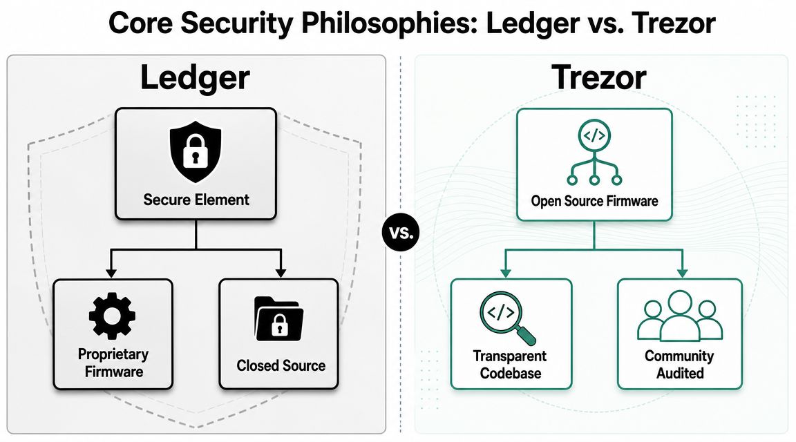 A comparison chart showing the core security philosophies of Ledger versus Trezor hardware wallets.