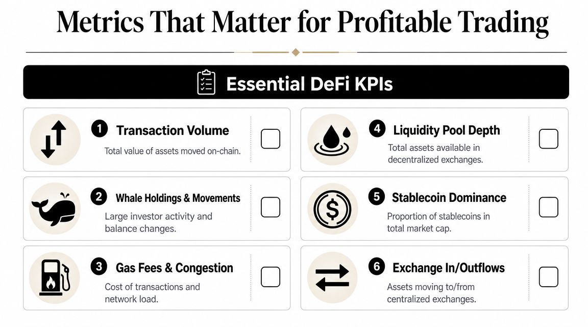 An infographic listing six essential decentralized finance KPIs for successful cryptocurrency trading and market analysis.