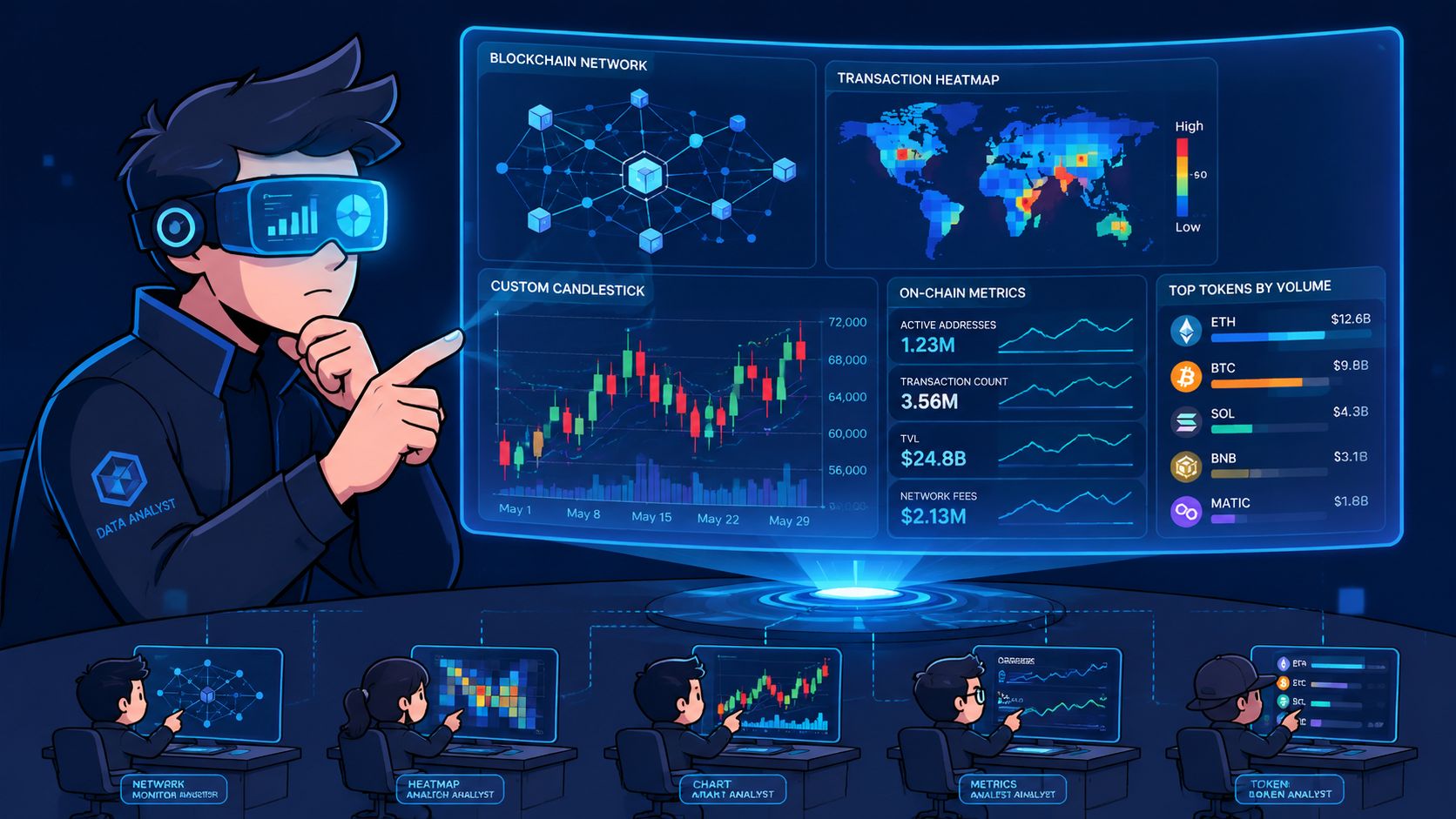 A digital artist analyzing blockchain network metrics and market trends using a futuristic holographic interface in space.