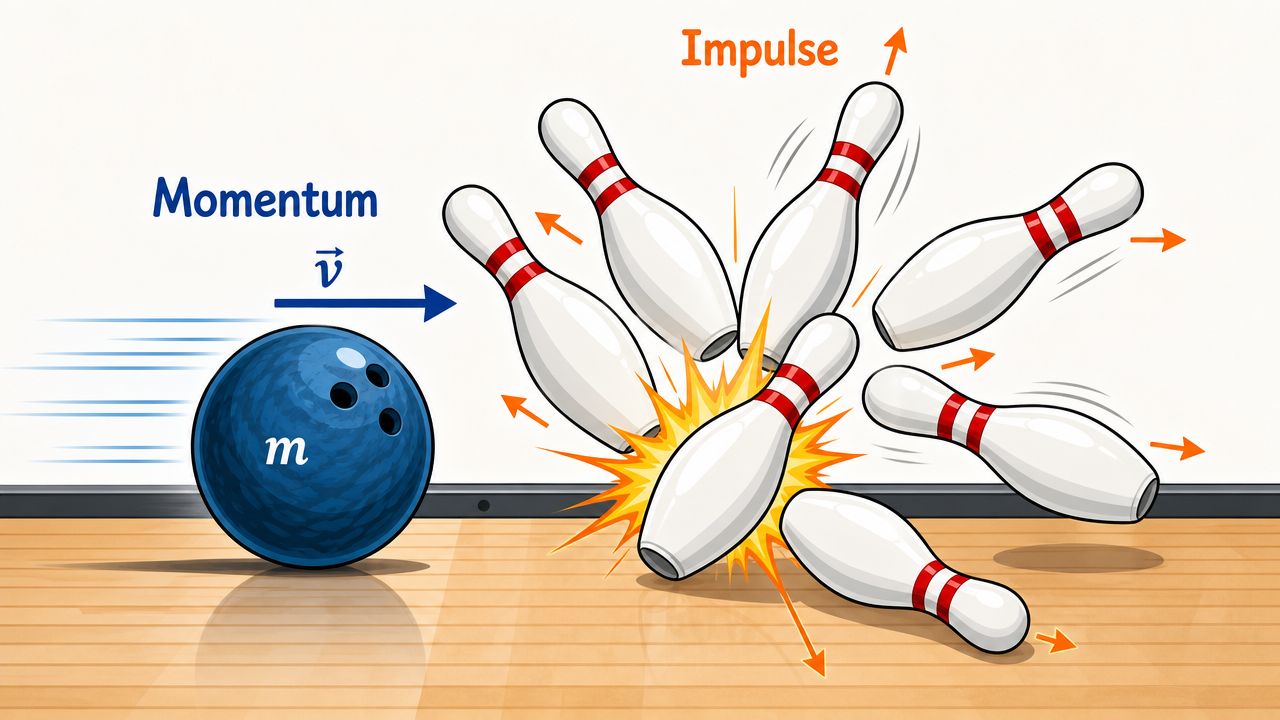 A bowling ball colliding with pins, illustrating the physics concepts of momentum and impulse during impact.