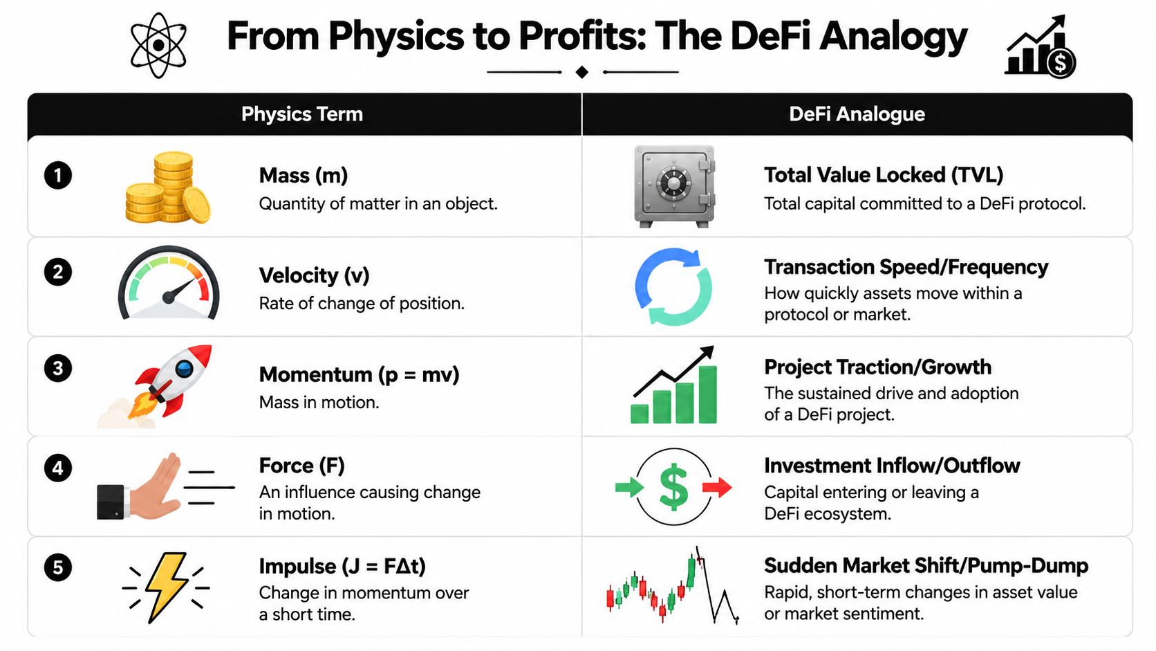 A comparison chart showing the analogy between physics concepts and decentralized finance market dynamics and terminology.