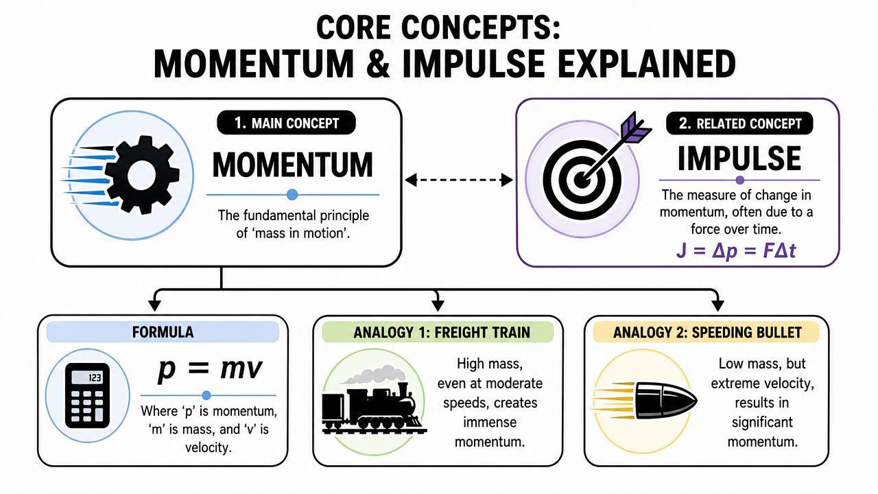 An infographic titled Core Concepts Momentum and Impulse Explained, illustrating physics formulas and analogies with a train and bullet.