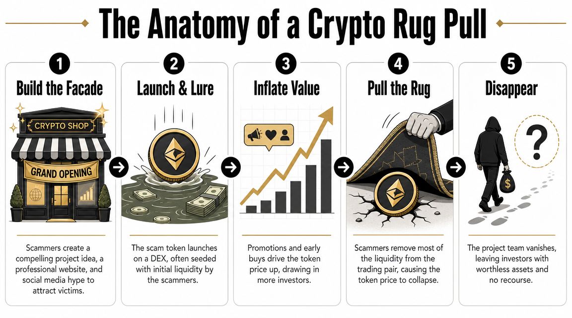 An infographic detailing the five steps of a crypto rug pull scam, from building a facade to disappearing.