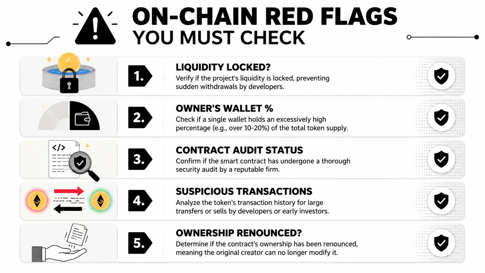 An infographic titled On-Chain Red Flags You Must Check listing five security tips for crypto investors.