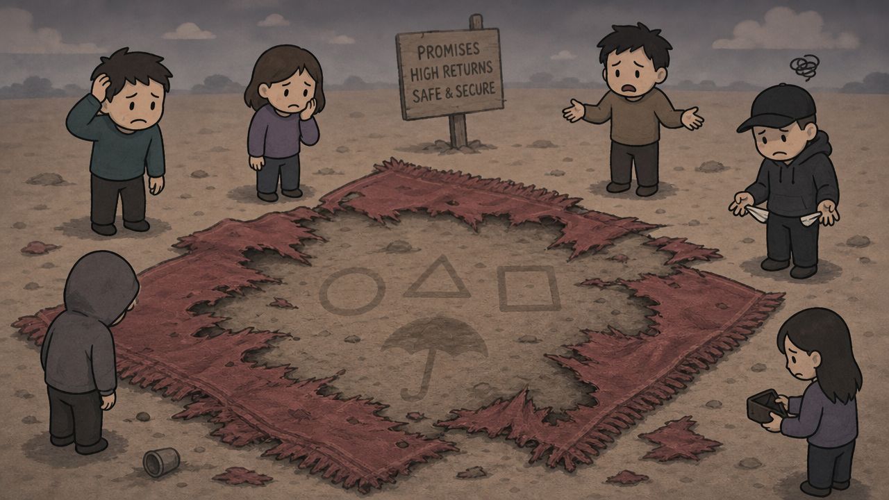 A group of disappointed people looking at symbols on a tattered rug representing a financial scam.