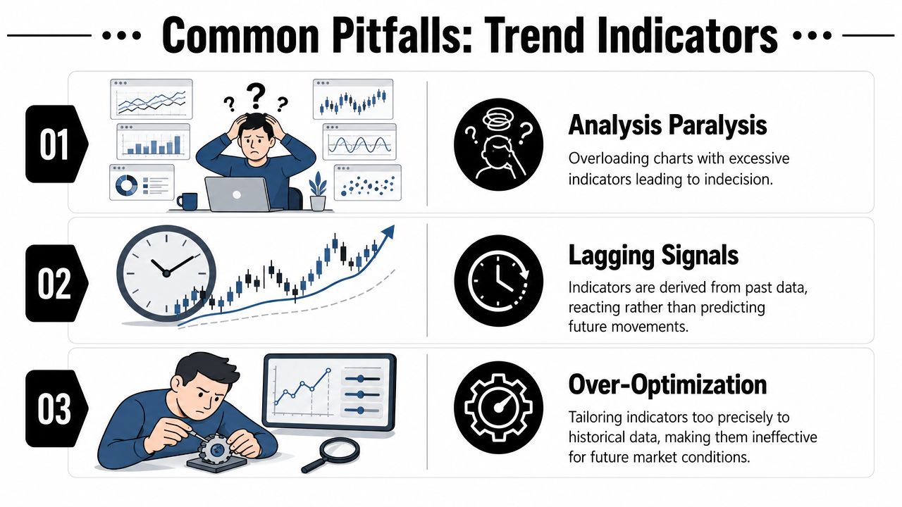 An infographic illustrating three common pitfalls when using market trend indicators: analysis paralysis, lagging signals, and over-optimization.
