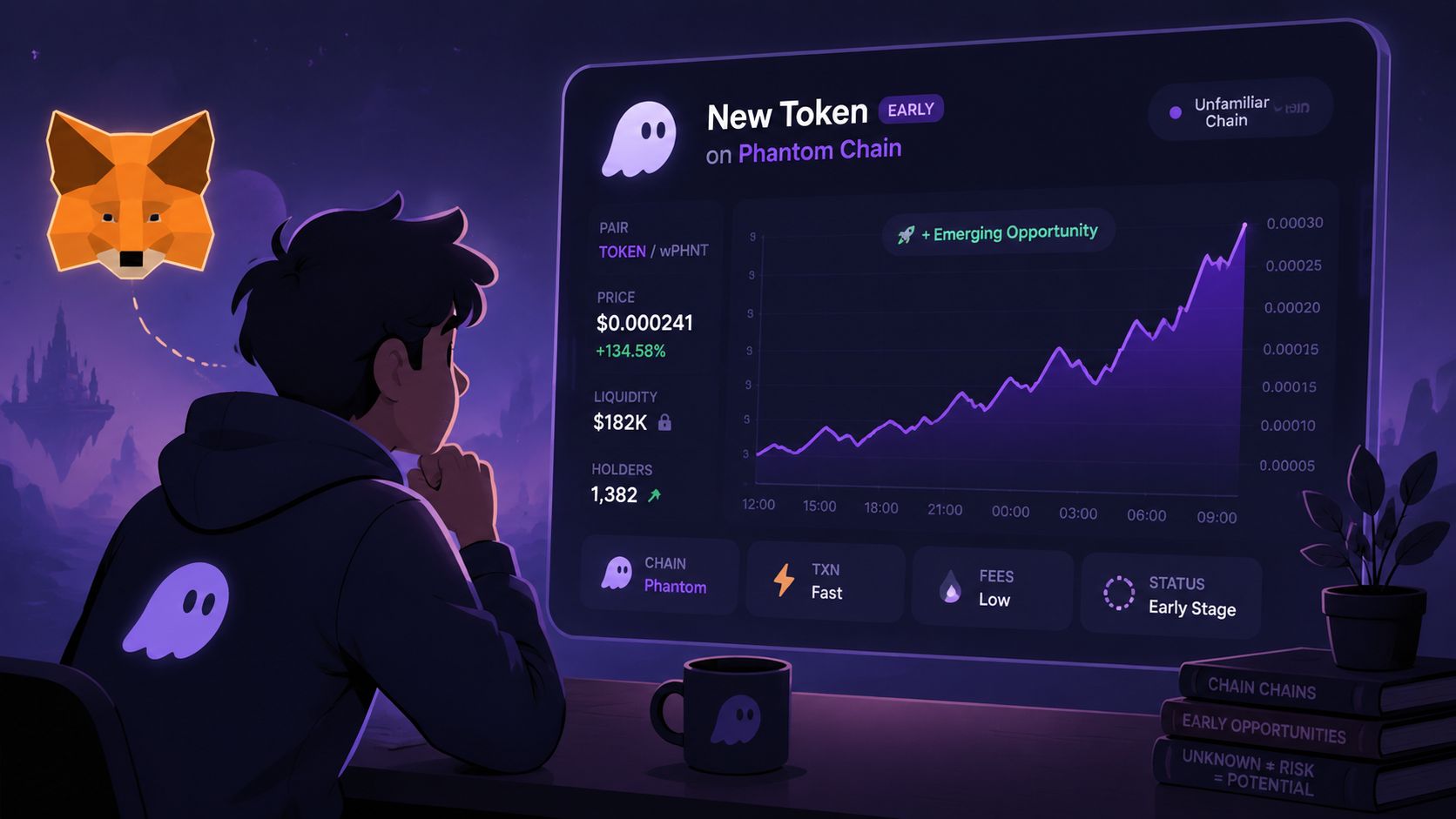 A digital illustration of a young person observing a cryptocurrency chart on a glowing screen at night.