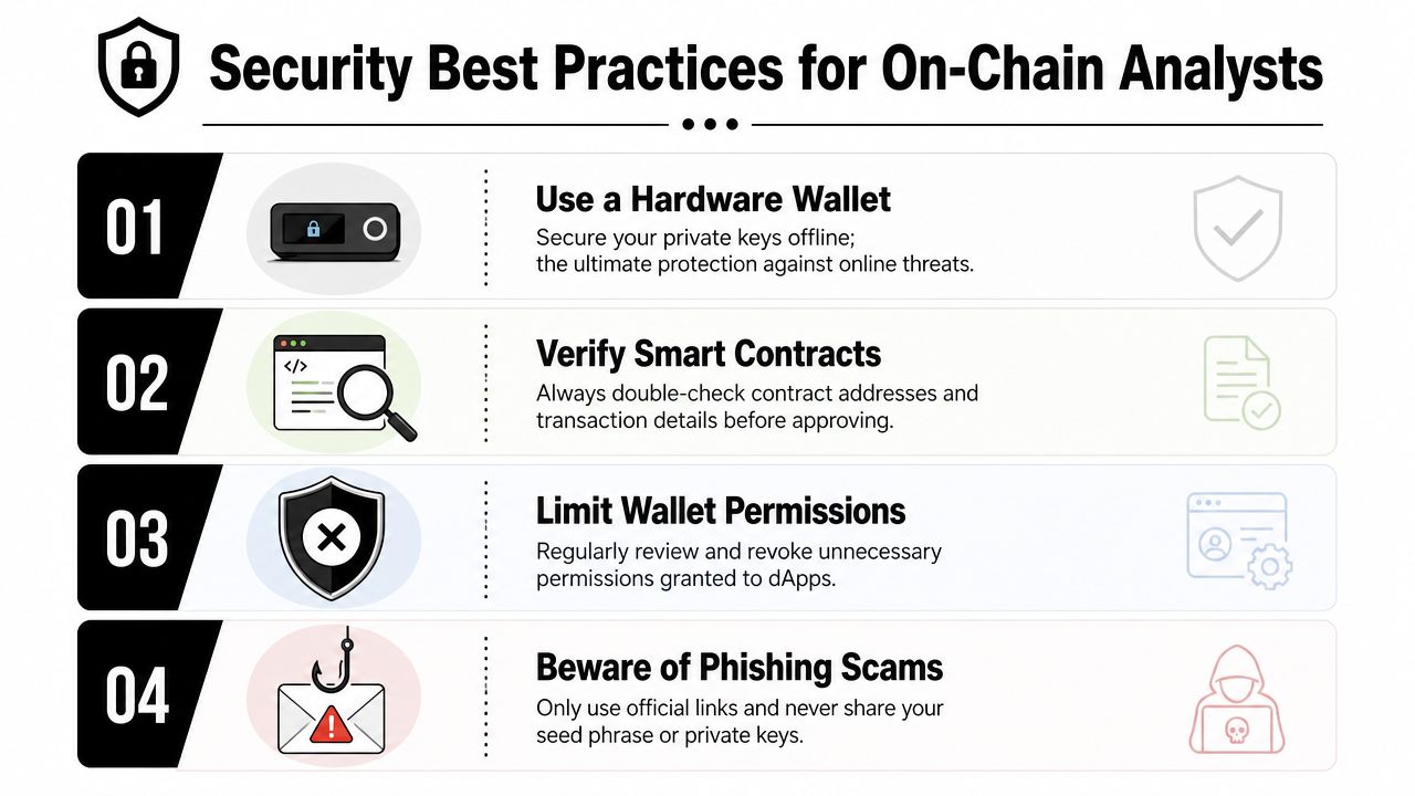 An infographic titled Security Best Practices for On-Chain Analysts, illustrating four essential wallet safety guidelines for crypto users.