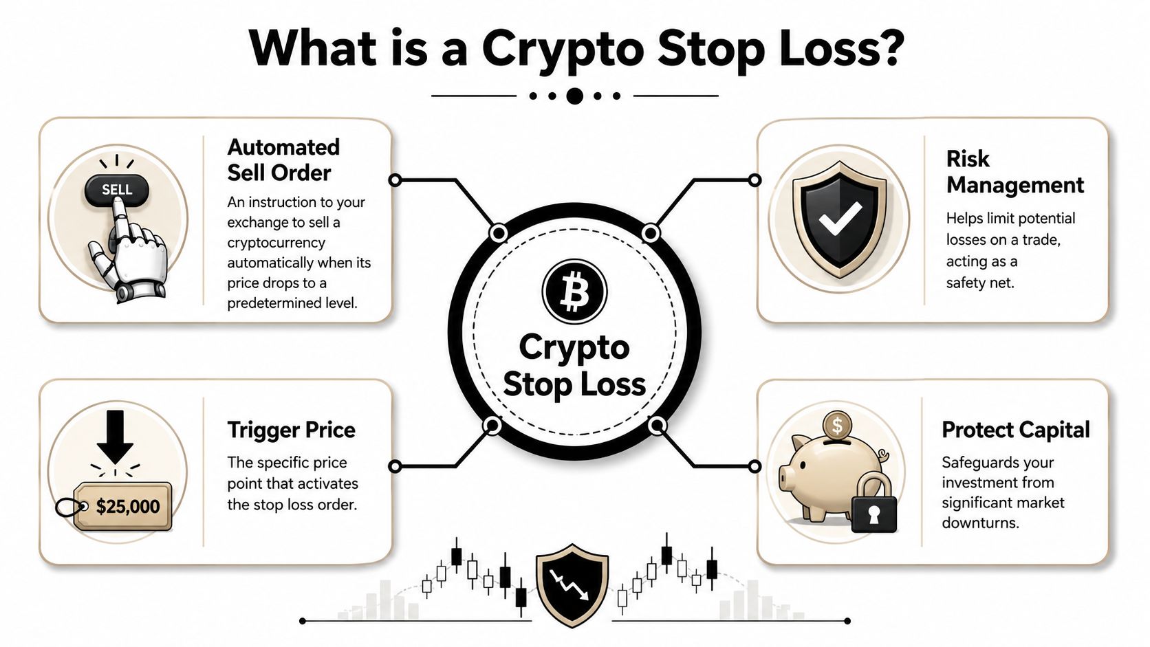 An infographic explaining what a crypto stop loss is, highlighting automated orders, risk management, and capital protection.