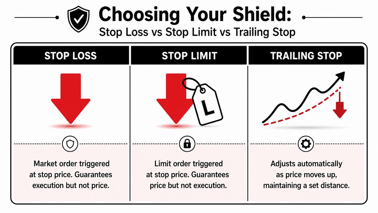 An infographic explaining the differences between Stop Loss, Stop Limit, and Trailing Stop trading orders.