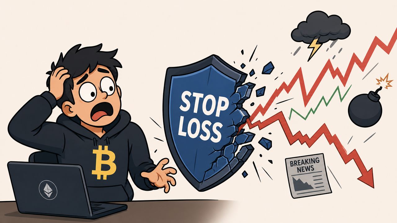 A worried crypto trader stares at a breaking news report while a protective shield crumbles under market pressure.