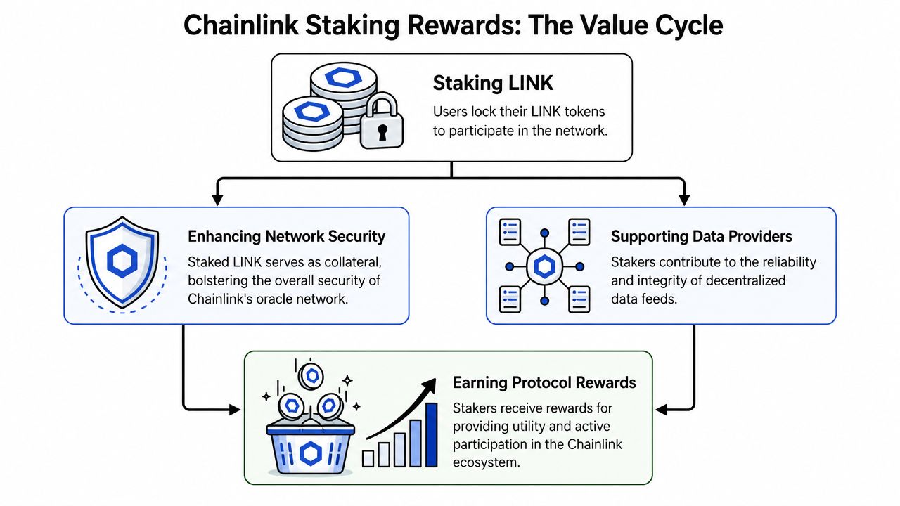A diagram illustrating the Chainlink staking value cycle from locking tokens to earning protocol rewards.