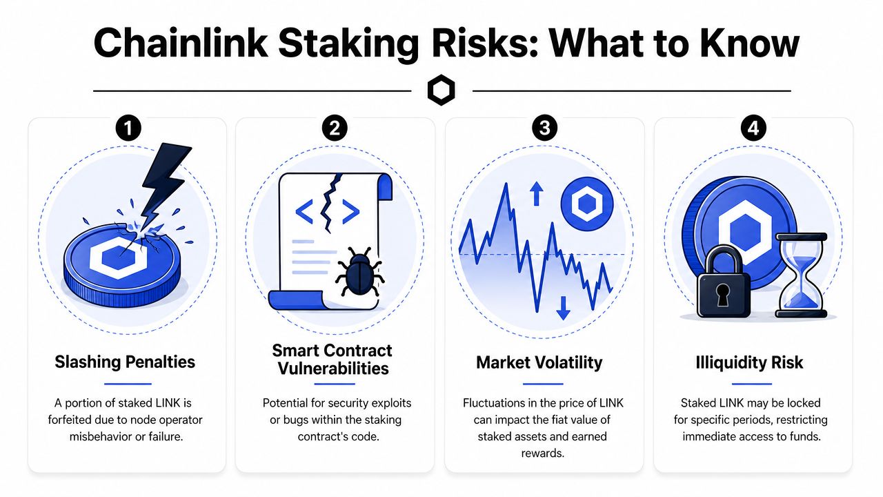 An infographic detailing four primary risks associated with Chainlink staking, including slashing penalties, vulnerabilities, and market volatility.