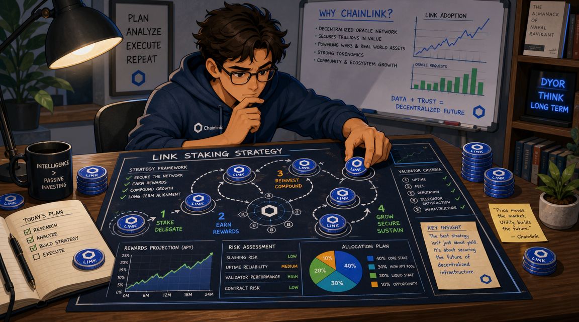 A focused investor strategizing Chainlink staking rewards with charts and tokens on a workspace desk.