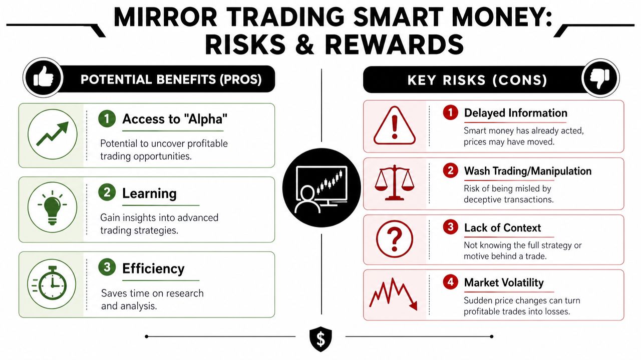An infographic titled Mirror Trading Smart Money outlining the pros and cons of copying institutional investors.