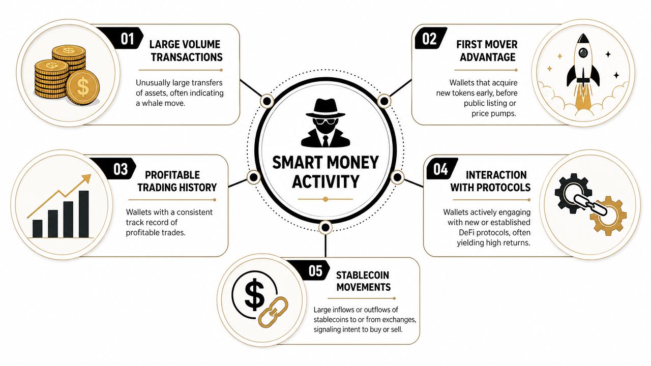 An infographic titled Smart Money Activity illustrating five key indicators including large transactions and profitable trading history.