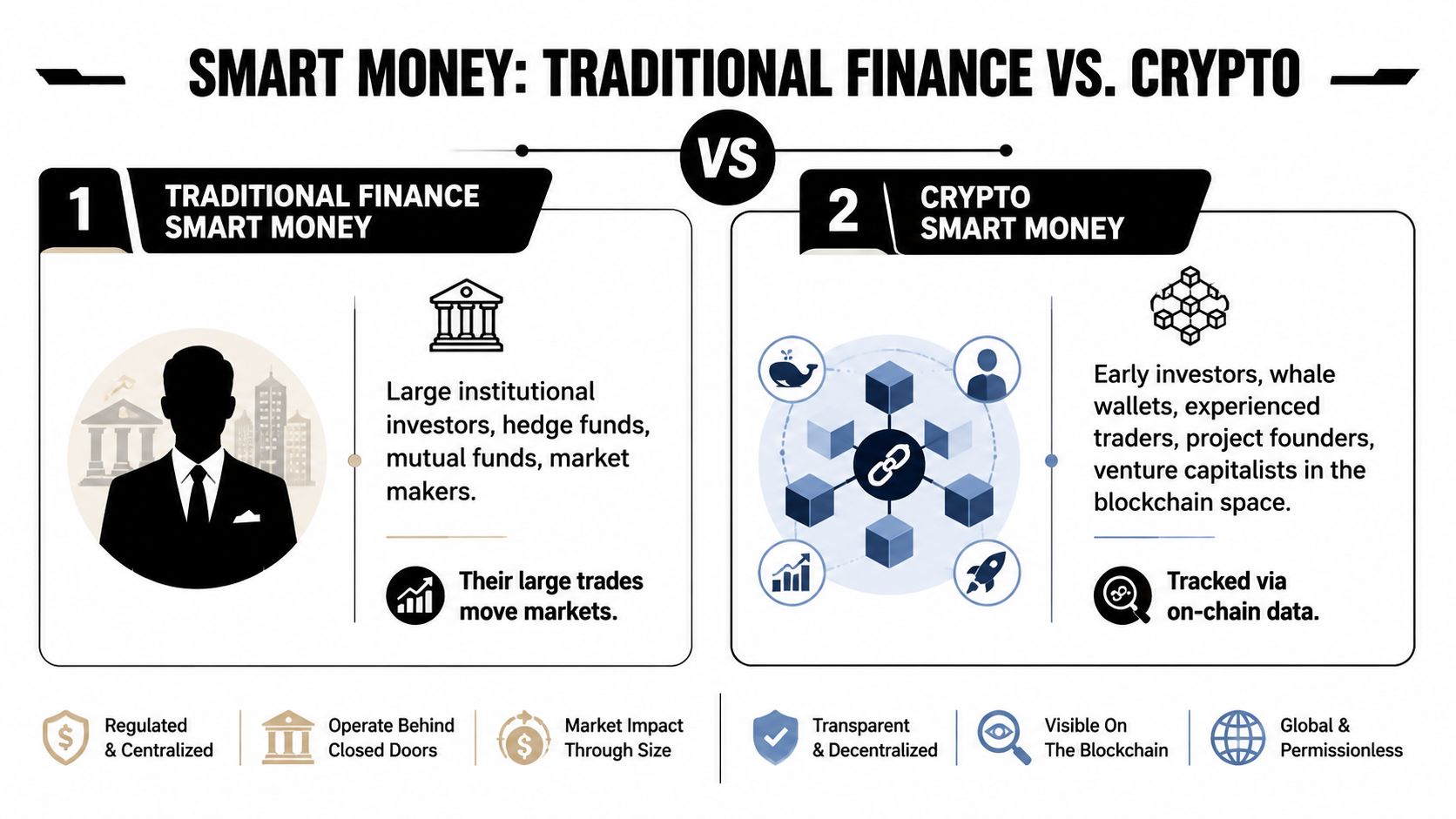 A comparison chart showing the differences between traditional finance and cryptocurrency smart money investors.
