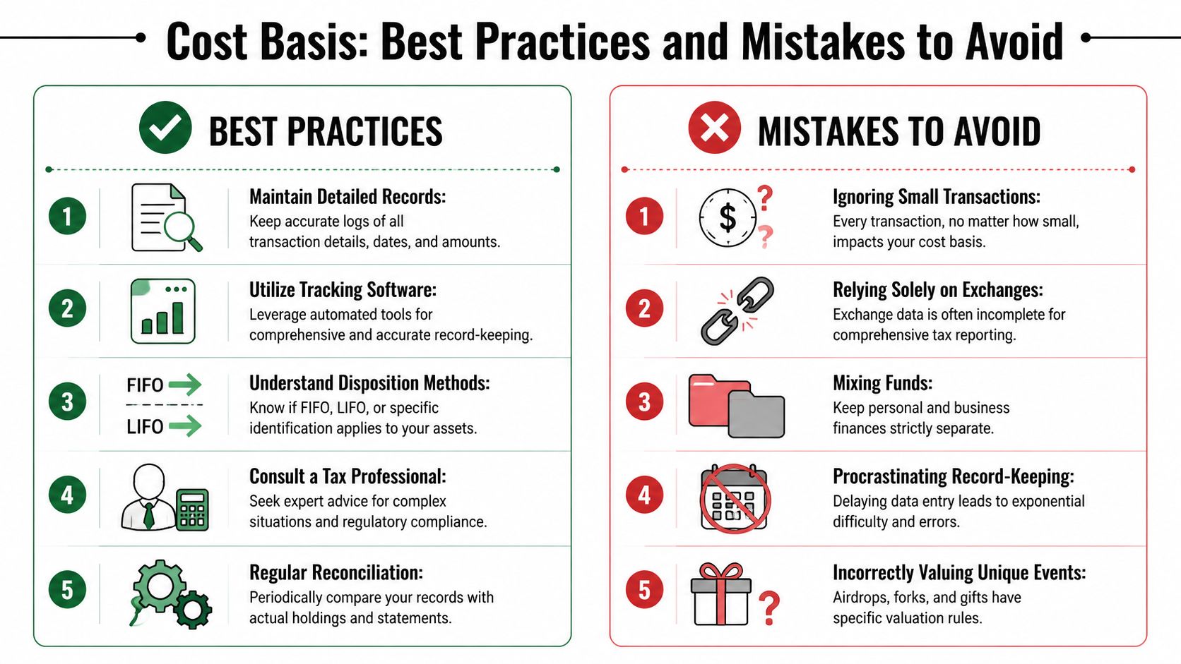 An infographic showing best practices and common mistakes to avoid regarding cost basis for tax reporting.