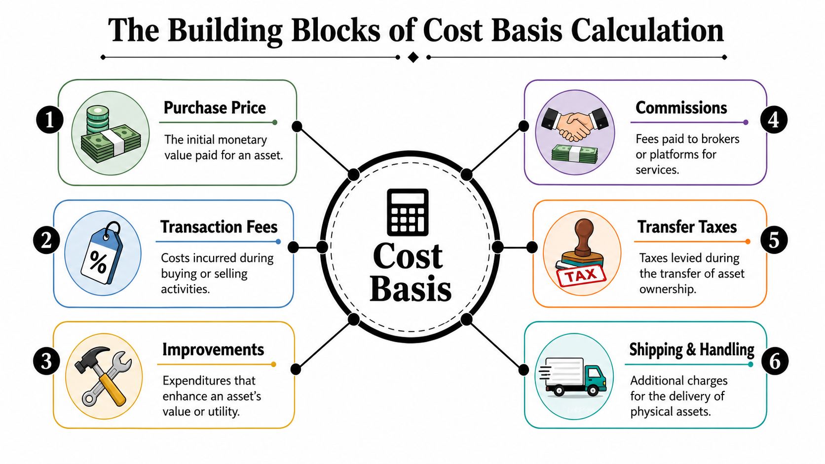 An infographic titled The Building Blocks of Cost Basis Calculation, illustrating six key components of financial assessment.