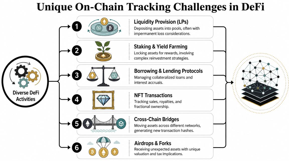 An infographic illustrating six complex on-chain tracking challenges faced within decentralized finance and blockchain activities.