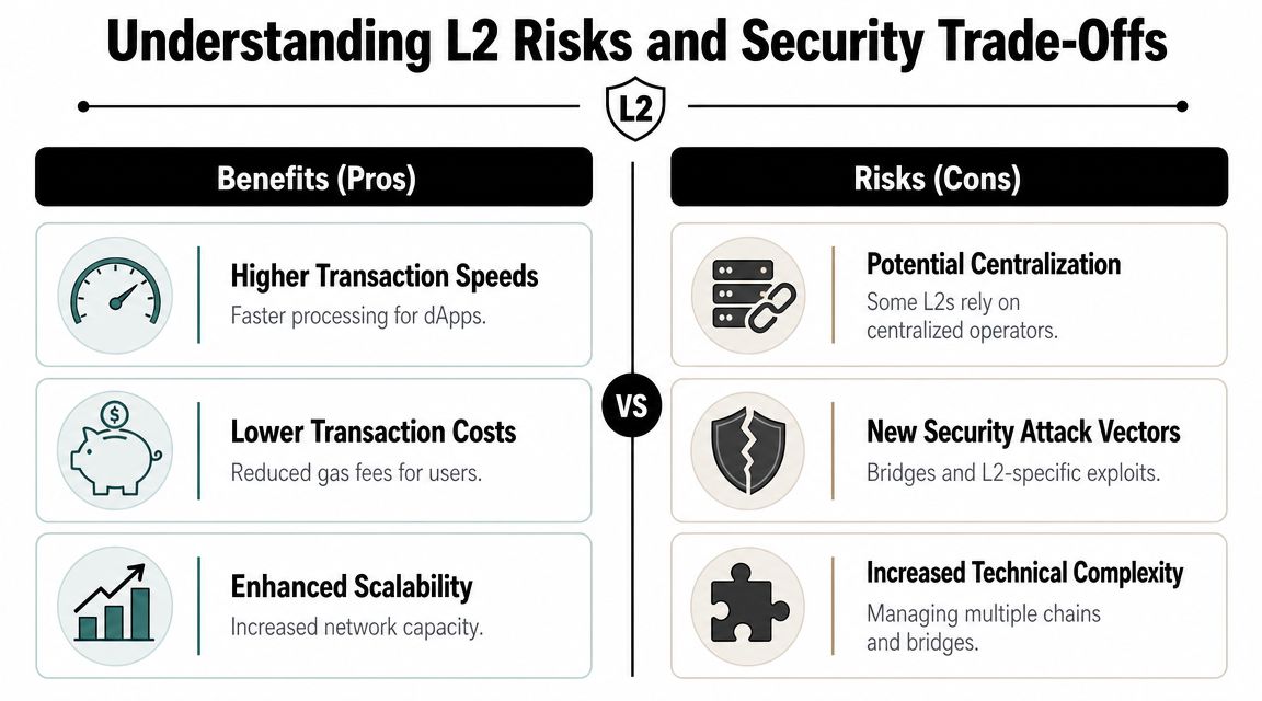 A comparison chart highlighting the benefits and risks of layer two blockchain protocols for users.