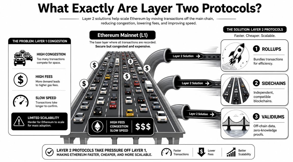An infographic explaining how Layer 2 protocols help scale Ethereum by reducing congestion, fees, and processing time.