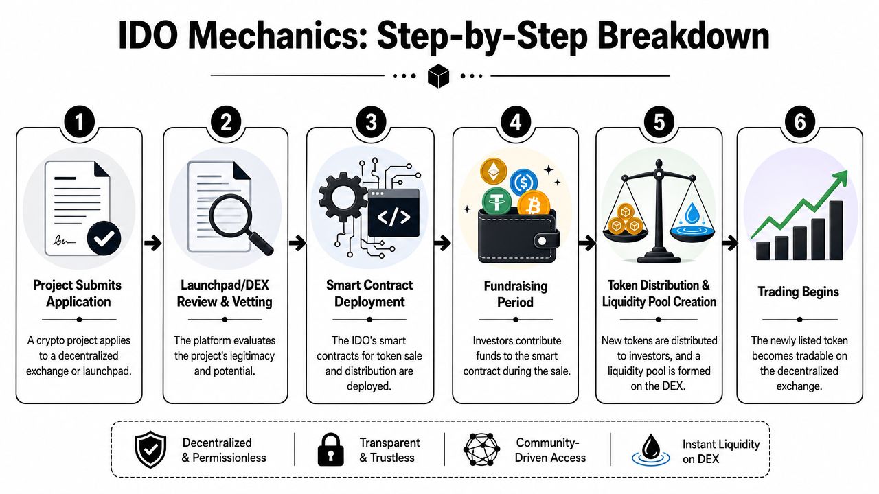 A step-by-step infographic explaining the six-stage process of how an Initial Dex Offering (IDO) works for crypto projects.