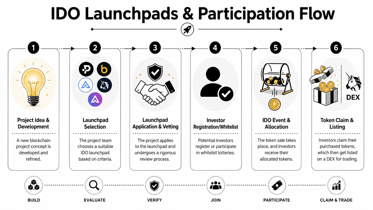 A flow chart illustrating the six-step process for an Initial DEX Offering (IDO) launchpad and participation.