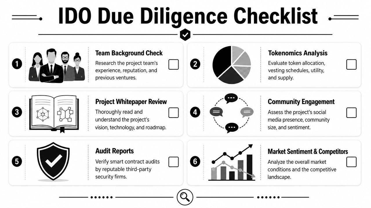 A visual guide illustrating a six-step due diligence checklist for evaluating initial decentralized offering projects.