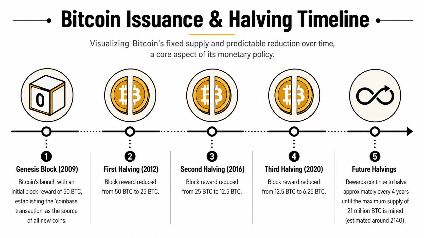 A timeline chart illustrating the historical Bitcoin halving events and the gradual reduction of block rewards.