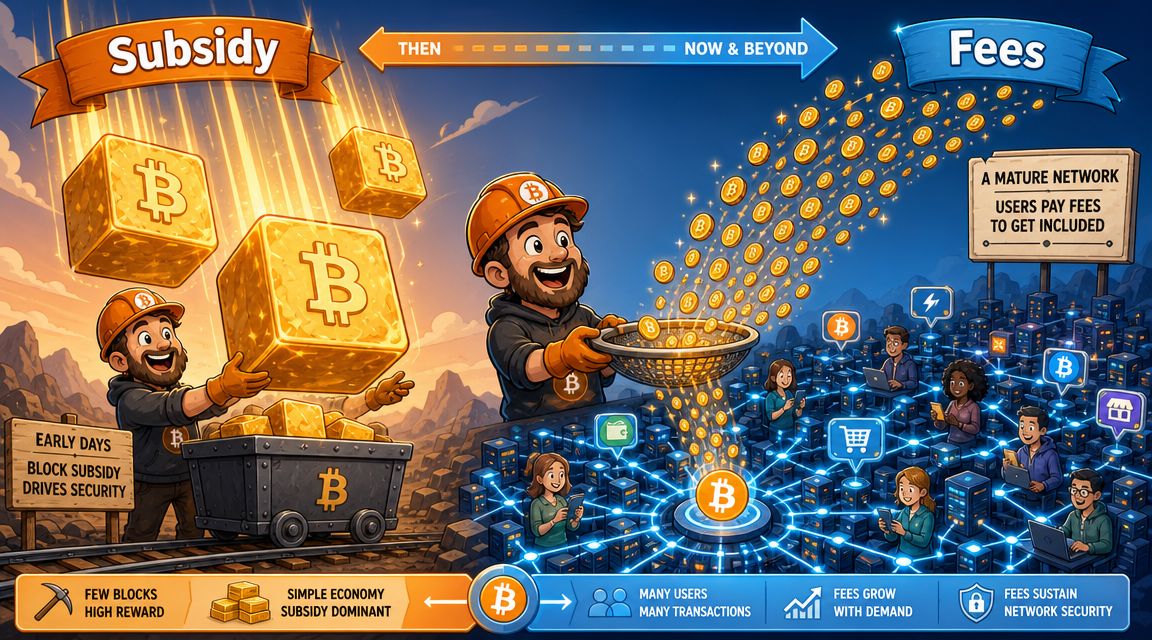 An illustration comparing early Bitcoin block subsidies to a future network sustained primarily by transaction fees.