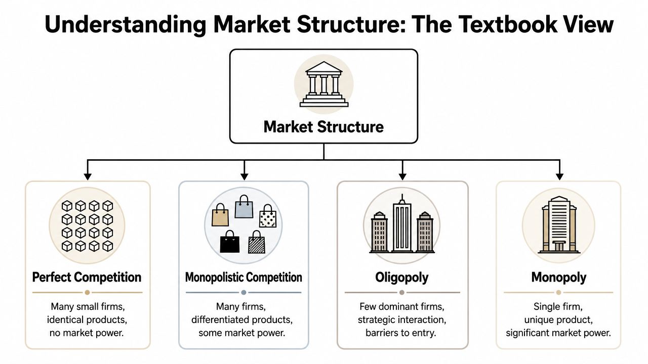 A diagram illustrating the four types of market structures including perfect competition, monopolistic competition, oligopoly, and monopoly.