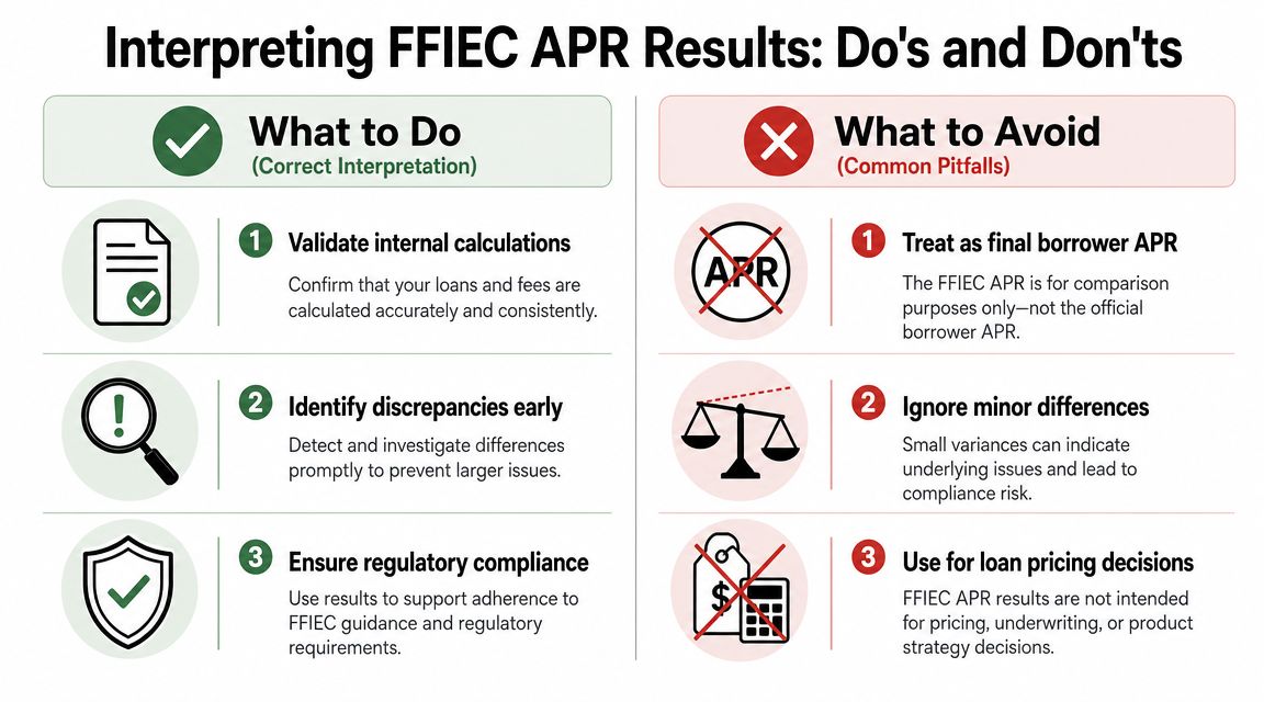 A chart highlighting the do's and don'ts for interpreting FFIEC APR results for regulatory compliance and accuracy.
