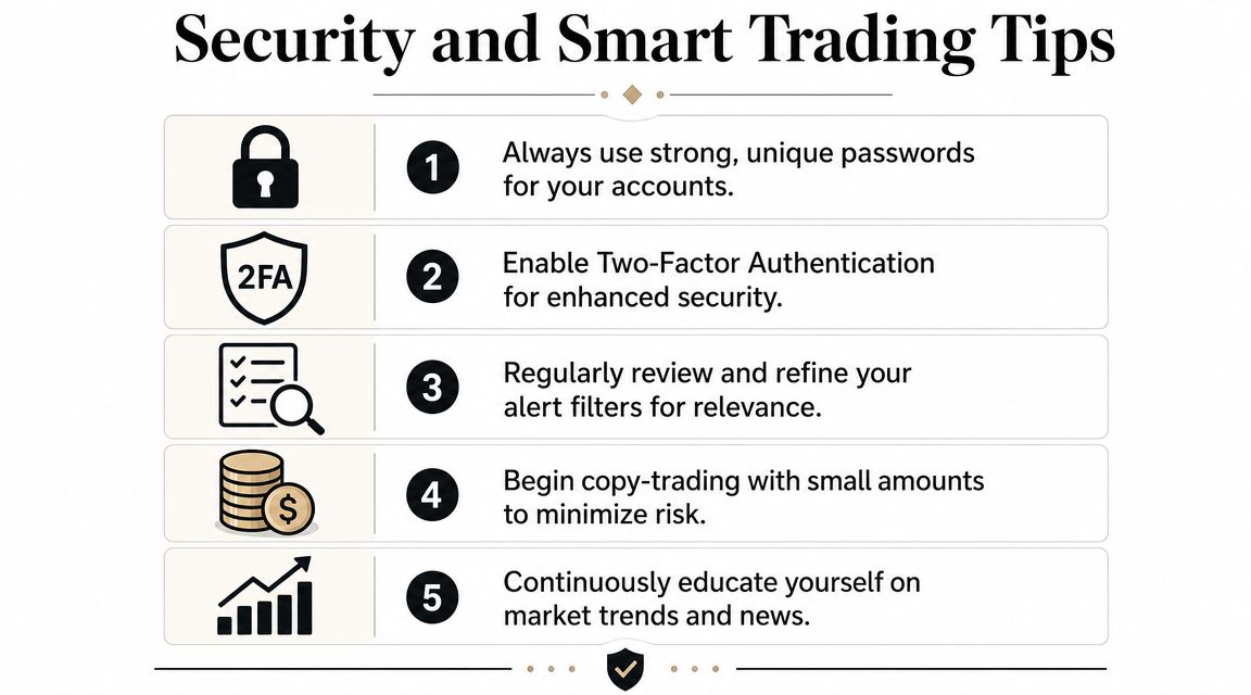 An infographic titled Security and Smart Trading Tips featuring five numbered essential guidelines for online trading security.