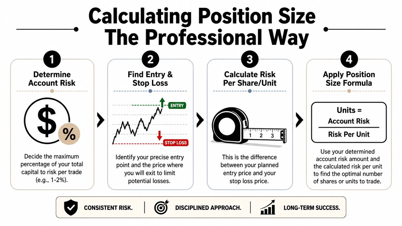 An infographic detailing the four-step professional process for calculating optimal position size when trading financial assets.