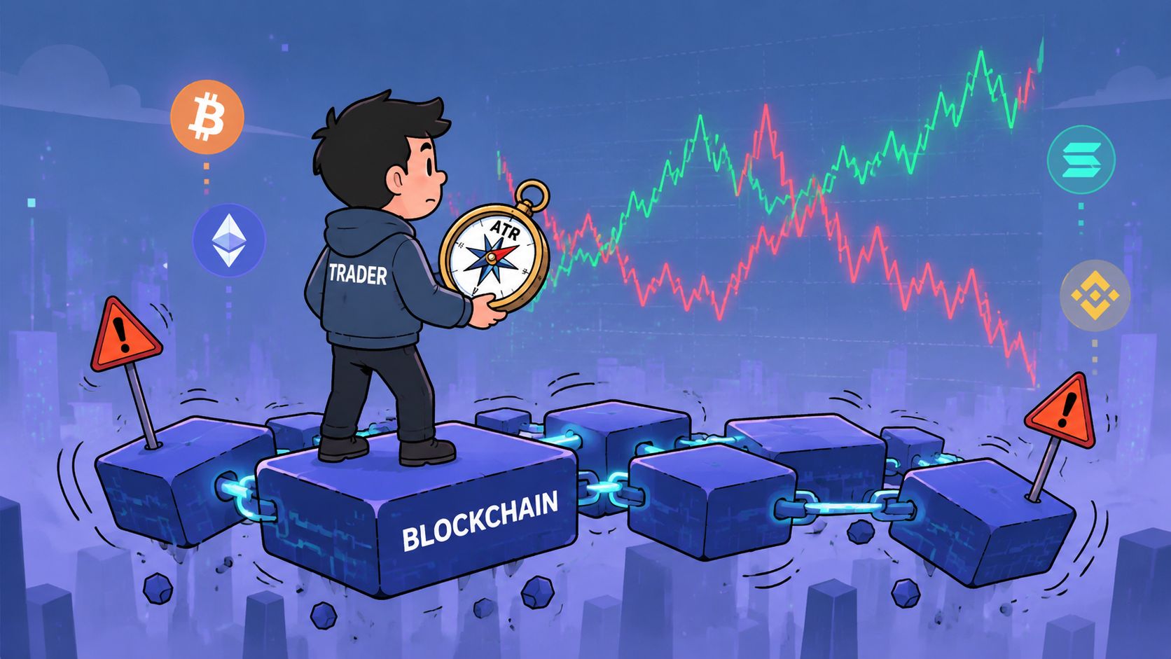 A cartoon trader standing on a blockchain block holding an ATR compass while viewing market charts.